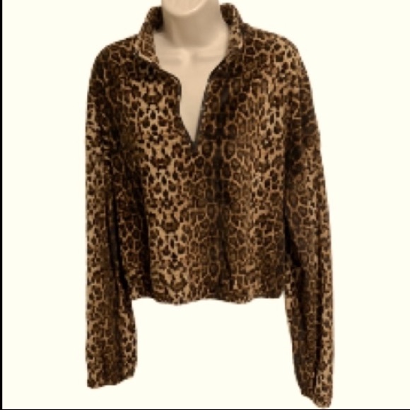 Cheetah Leopard 3/4 Zip Pullover Cropped :igh Jacket Womens Medium - Picture 2 of 8